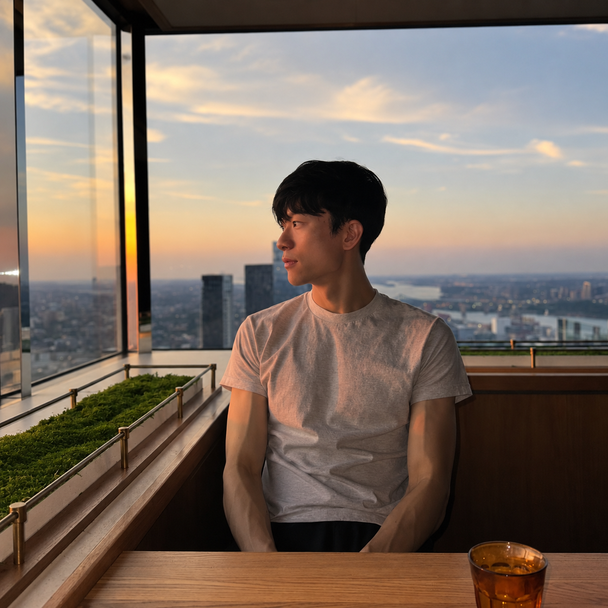 Tianyi Yu seated beside a window at sunset